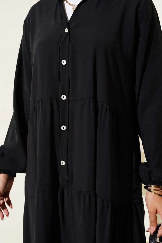 Half-Buttoned Stand Collar Layered Dress Black