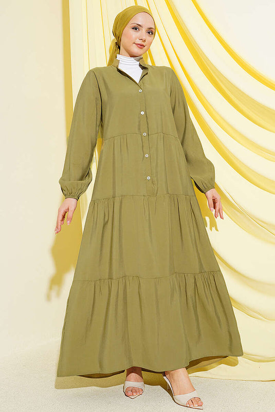 Robe longue à col officier avec demi-boutons, vert olive