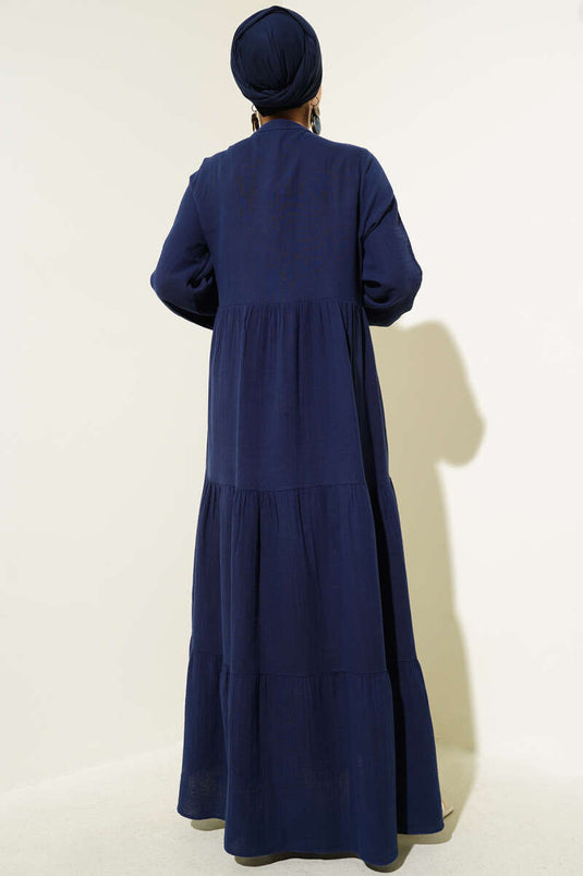 Robe en mousseline à col mandarin à demi-bouton bleu marine