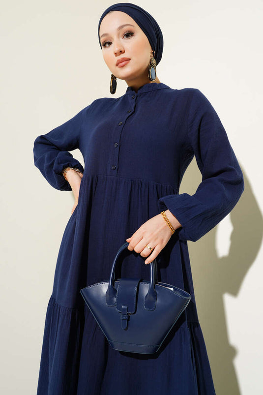 Robe en mousseline à col mandarin à demi-bouton bleu marine