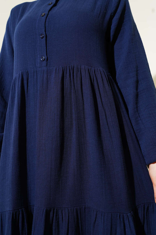 Robe en mousseline à col mandarin à demi-bouton bleu marine