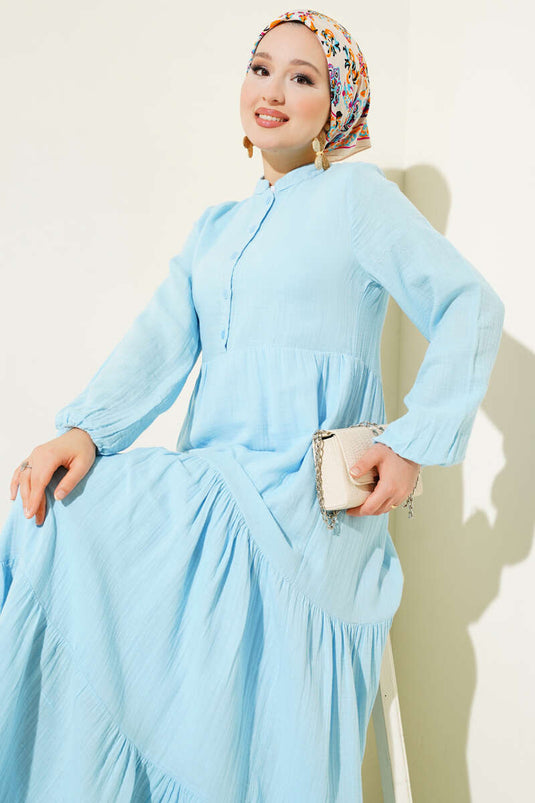 Halbgeknöpftes Musselinkleid mit Stehkragen Blau