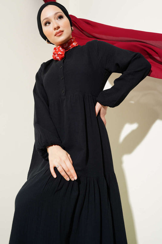 Yarım Düğmeli Hakim Yaka Müslin Elbise Siyah