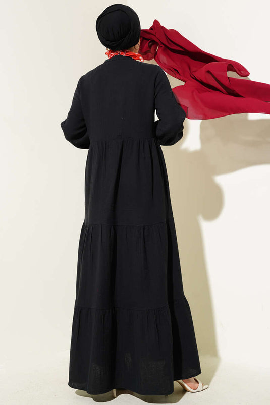 Yarım Düğmeli Hakim Yaka Müslin Elbise Siyah