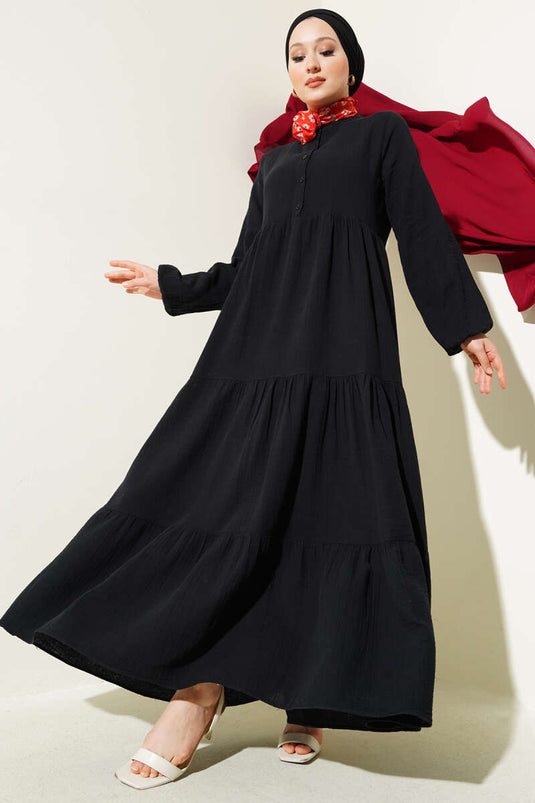 Yarım Düğmeli Hakim Yaka Müslin Elbise Siyah