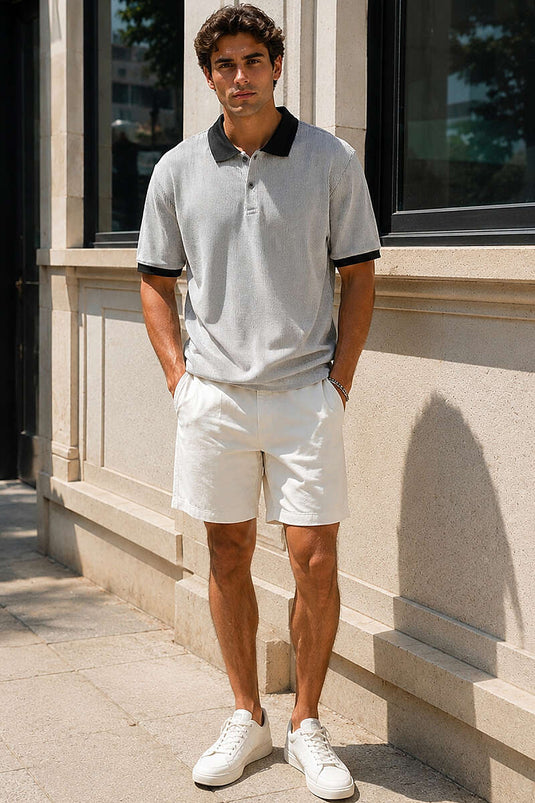 Yarım Düğmeli İnce Çizgili Erkek T-shirt Siyah