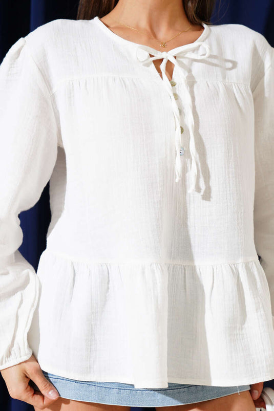 Yarım Düğmeli İpli Müslin Bluz Beyaz