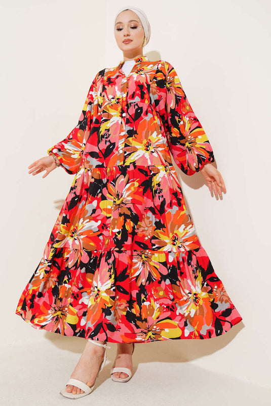 Half-Buttoned Intricate Patterned Dress Alizarin