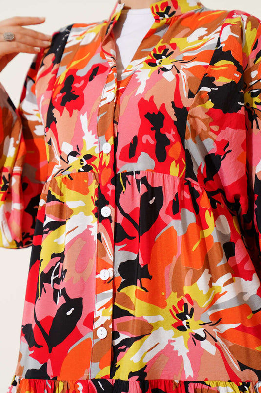 Half-Buttoned Intricate Patterned Dress Alizarin