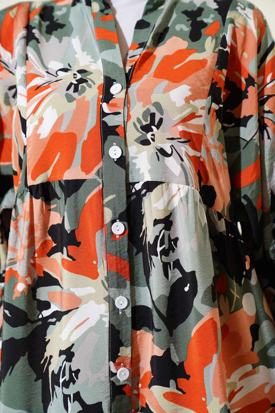 Halbgeknöpftes, aufwendig gemustertes Kleid, Khaki