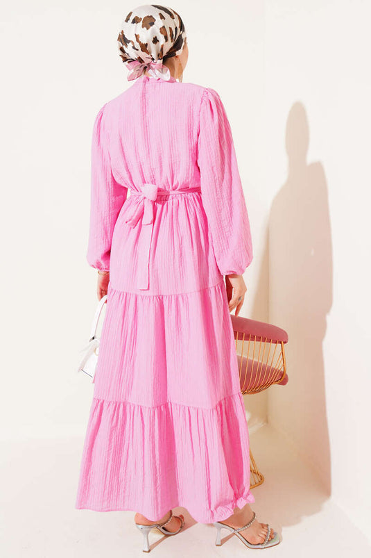 Half Buttoned Layered Seersucker Dress Pink