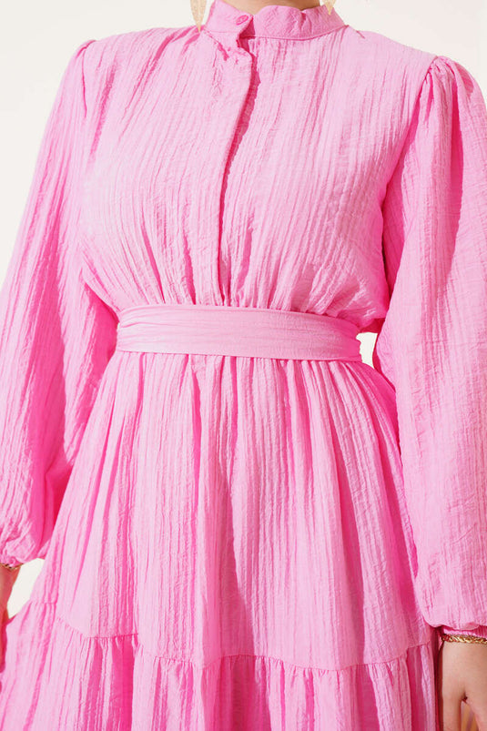 Half Buttoned Layered Seersucker Dress Pink