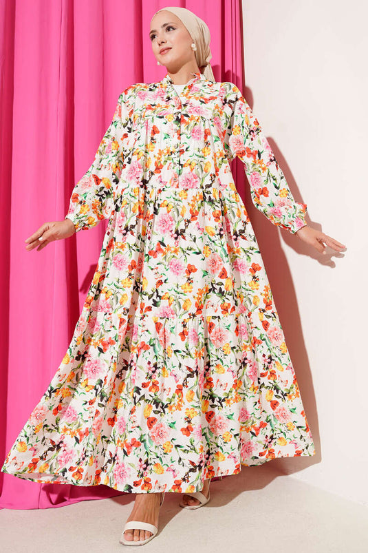 Yarım Düğmeli Kelebek Desenli Elbise Pembe