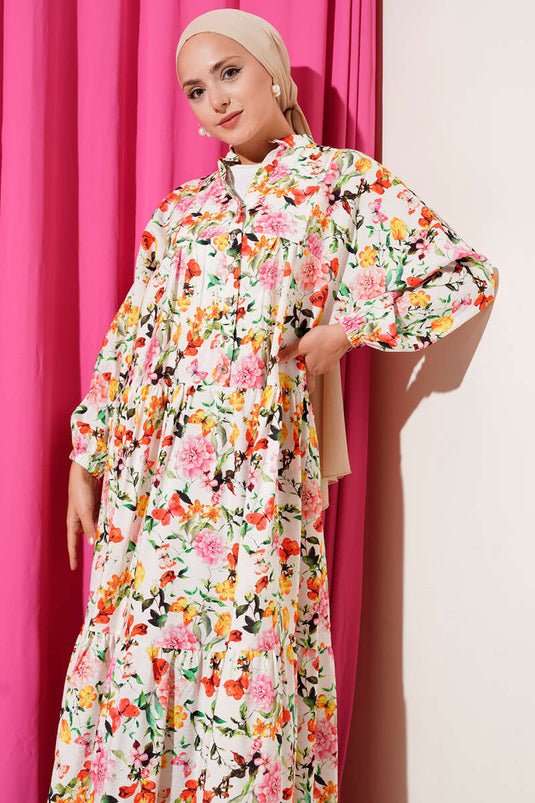 Yarım Düğmeli Kelebek Desenli Elbise Pembe