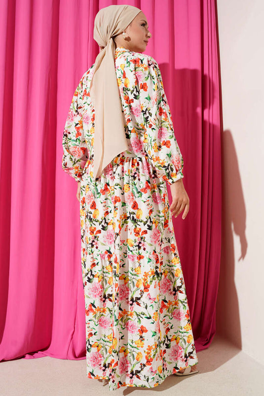 Yarım Düğmeli Kelebek Desenli Elbise Pembe