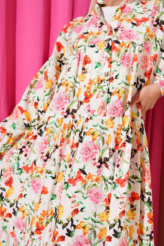 Yarım Düğmeli Kelebek Desenli Elbise Pembe