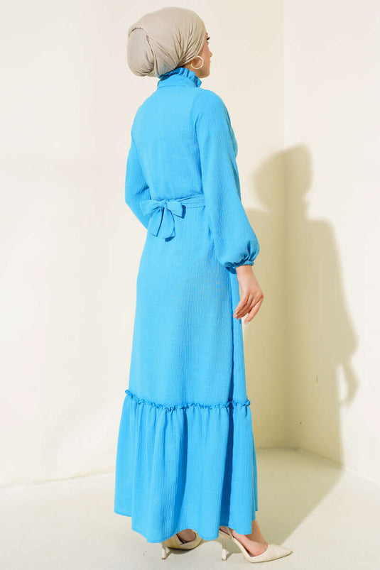 Half Buttoned Linen Dress Blue