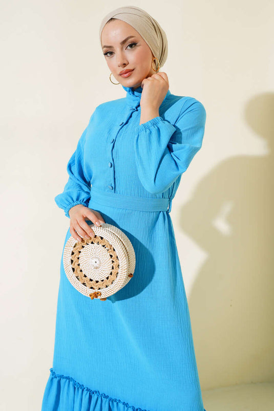 Half Buttoned Linen Dress Blue