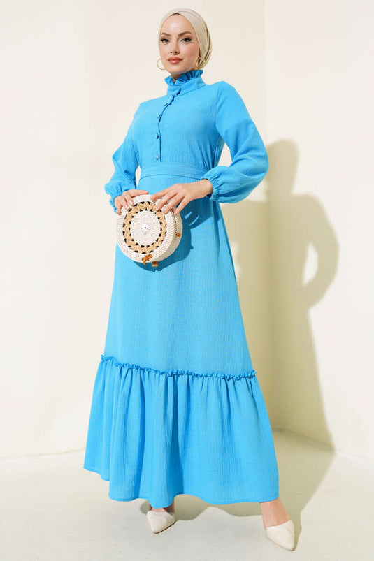Half Buttoned Linen Dress Blue