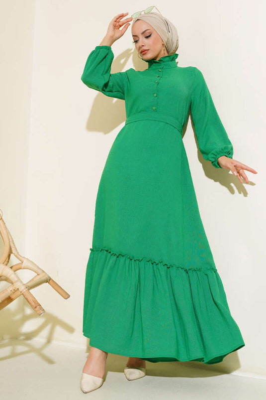 Half Buttoned Linen Dress Green