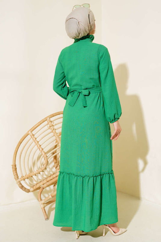 Robe Lin Demi Boutonnée Vert
