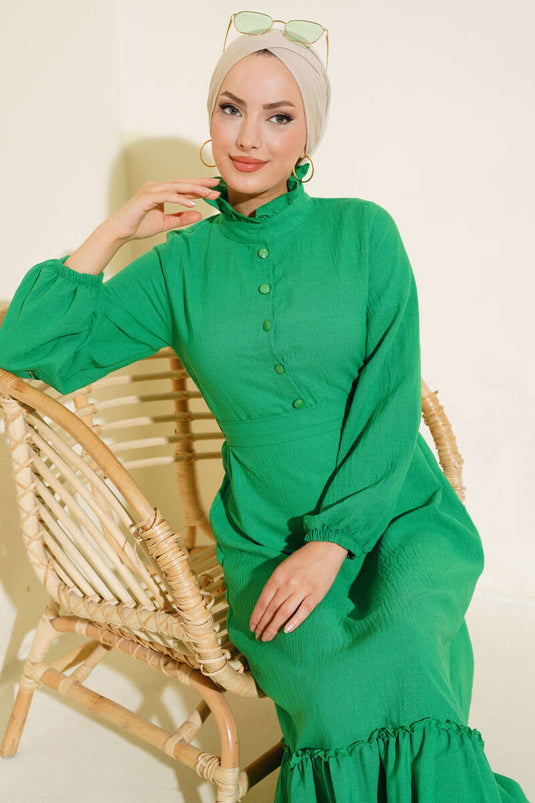 Half Buttoned Linen Dress Green