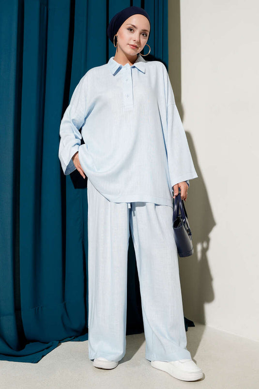 Half-Buttoned Linen Two-Piece Suit Blue
