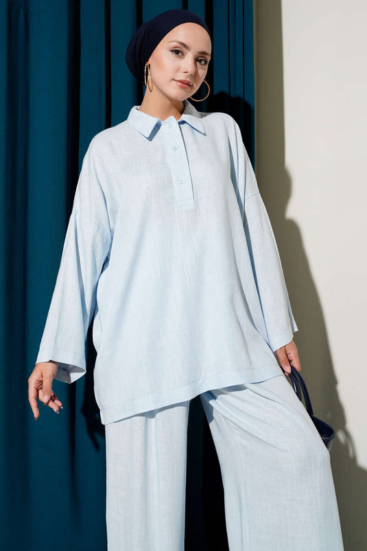 Half-Buttoned Linen Two-Piece Suit Blue