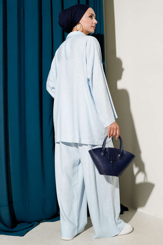 Half-Buttoned Linen Two-Piece Suit Blue