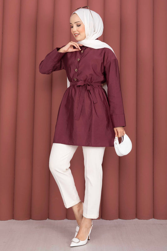 Yarım Düğmeli Kuşaklı Beli Büzgülü Tunik Bordo