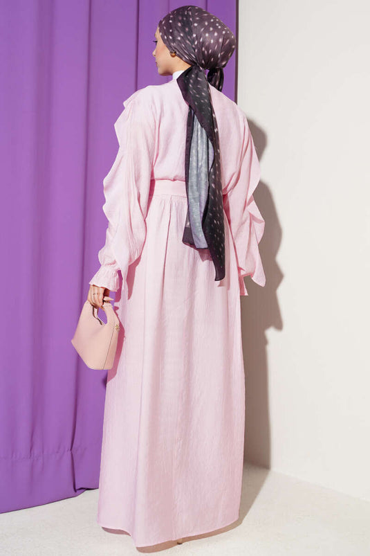 Half-Buttoned Belted Ruffled Dress Pink