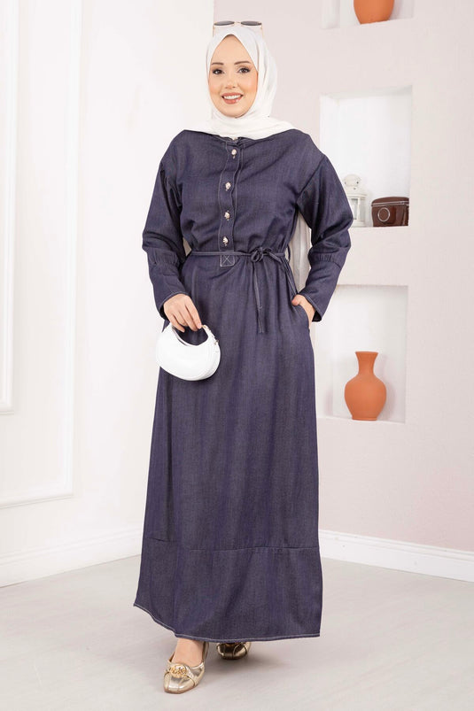 Robe en jean bleu marine à demi-boutons avec ceinture en tencel