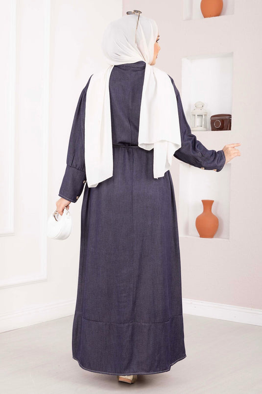 Robe en jean bleu marine à demi-boutons avec ceinture en tencel