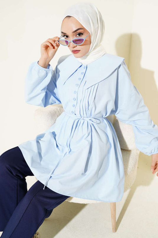 Tunique côtelée à demi-boutons bleu glacier