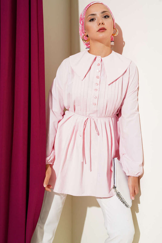 Half Buttoned Ribbed Tunic Pink