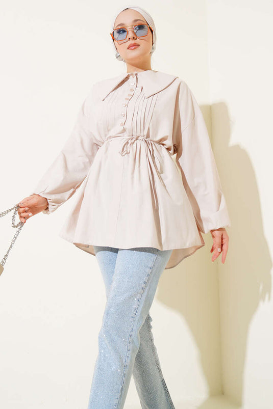 Tunique côtelée à demi-bouton pierre