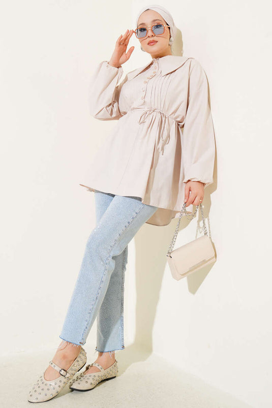 Tunique côtelée à demi-bouton pierre