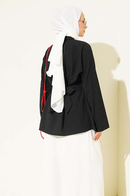 Half Button Front Tie-Detail Tunic Black
