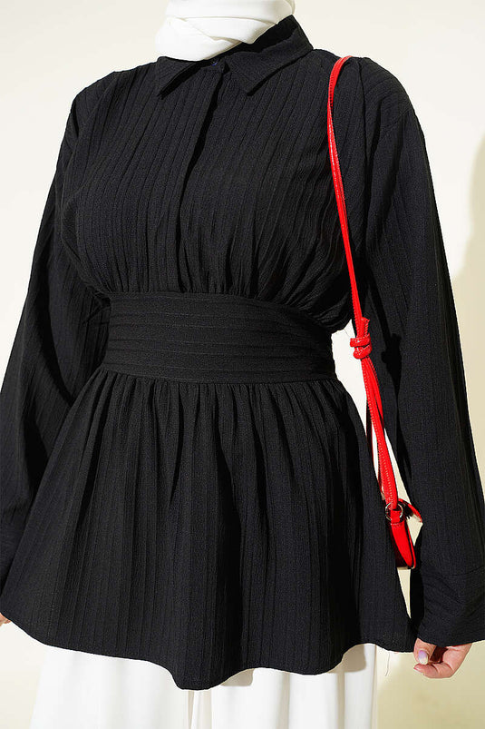 Half Button Front Tie-Detail Tunic Black