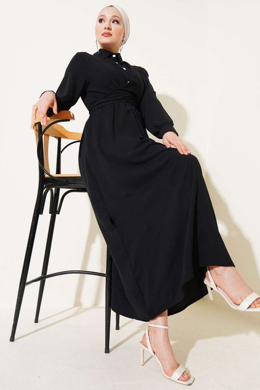 Yarım Düğmeli Önü Çapraz Bağlamalı Elbise Siyah