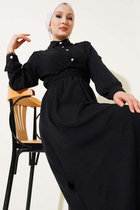 Half Buttoned Cross Front Tie Dress Black