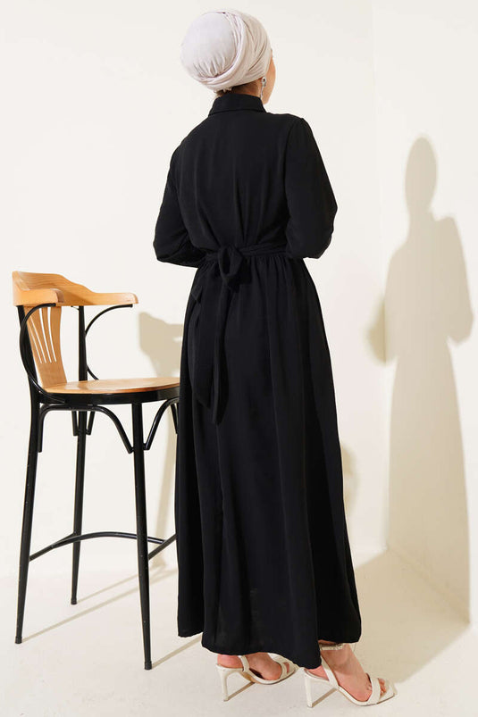 Half Buttoned Cross Front Tie Dress Black