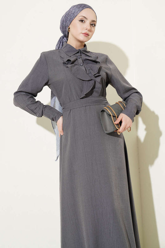 Kleid mit halber Knopfleiste und Rüschensaum, Rauchgrau