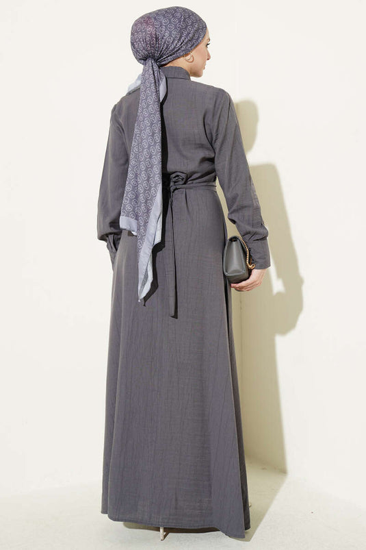 Kleid mit halber Knopfleiste und Rüschensaum, Rauchgrau