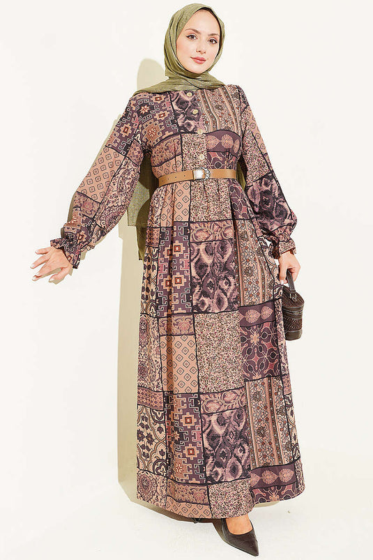 Yarım Düğmeli Otantik Desenli Elbise Camel