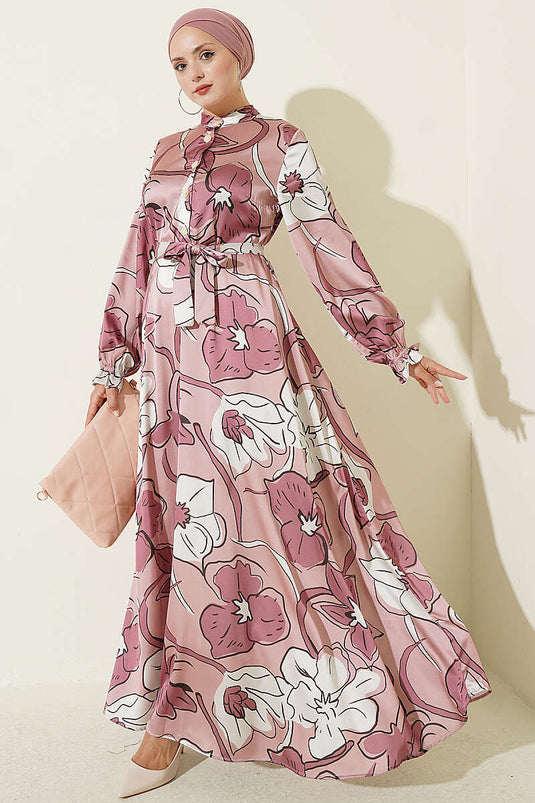 Halbknöpfbares Blumen-Satin-Kleid In Rose Taupe