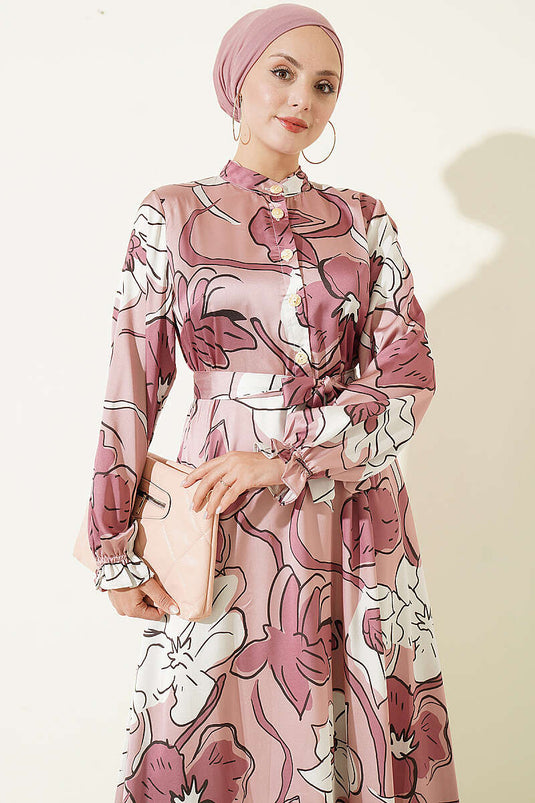 Halbknöpfbares Blumen-Satin-Kleid In Rose Taupe