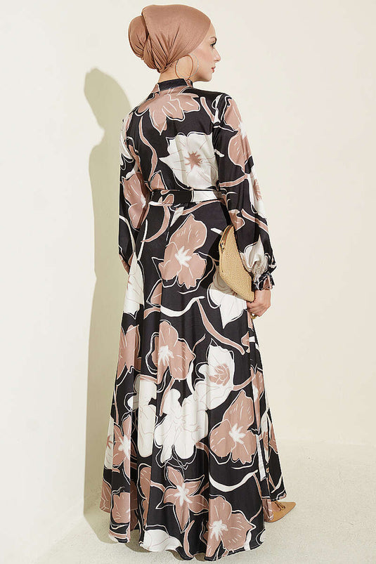 Halbknöpfbares Blumen-Satin-Kleid Latte