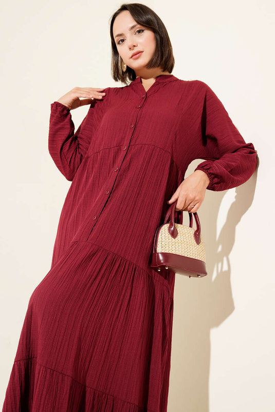 Yarım Düğmeli Patlı Kat Elbise Bordo