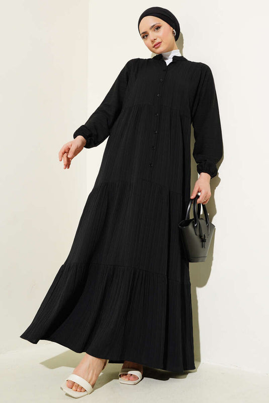 Lagenkleid mit halber Knopfleiste Schwarz